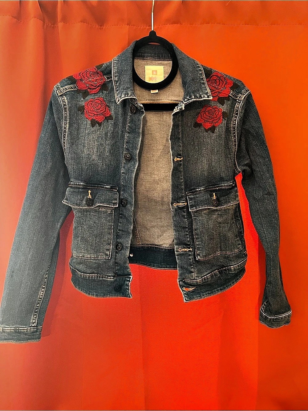 Lularoe Jaxon Denim Jacket Floral Blue & Red XS